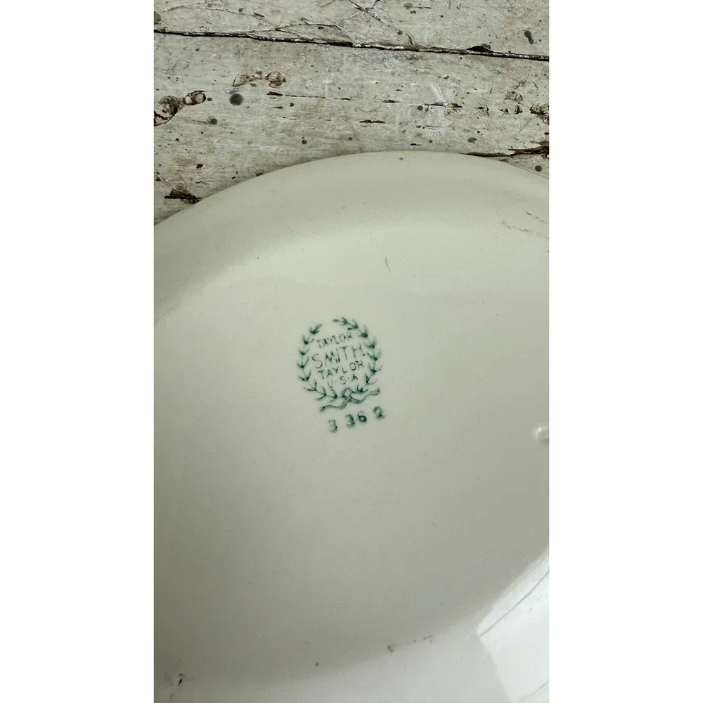 Taylor Smith Taylor USA Vintage Oval Floral Serving Dish Cobalt Blue Stripe 7in